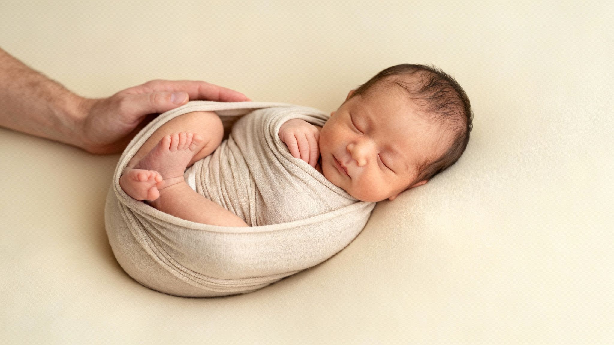 Best Age for Newborn Photography a Definitive Guide 1 A sleeping newborn baby curled up on a soft blanket during a photoshoot.