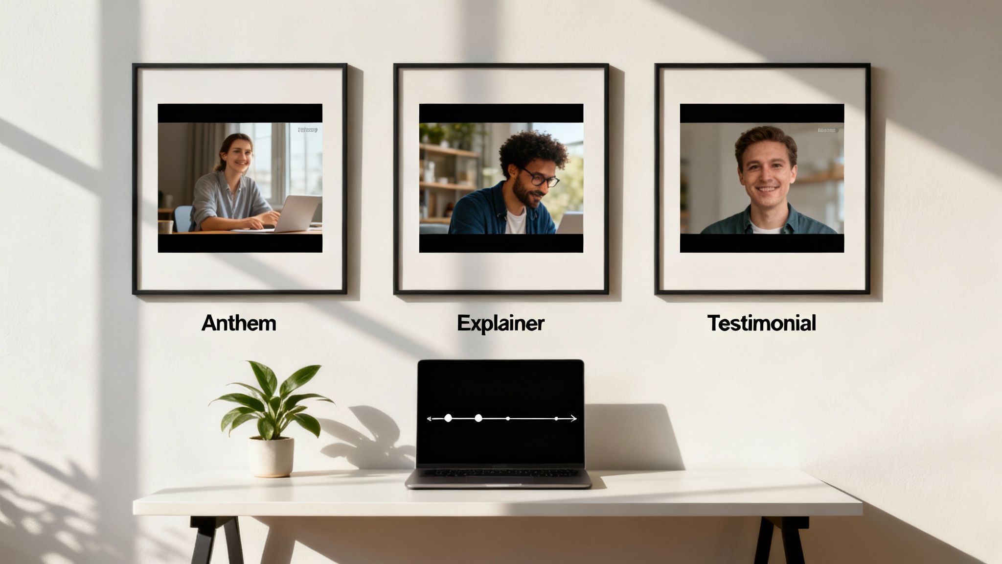 A split-screen view showing different types of branded videos: a product demo, a customer testimonial, and an animated explainer.
