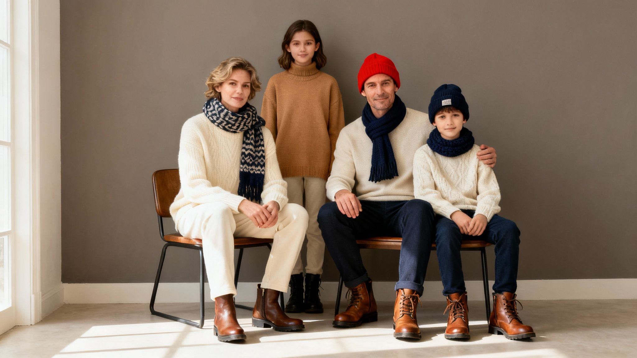 9 Cozy Family Picture Clothing Ideas for Winter 2025 10 A family of four, two adults and two children, dressed in cozy winter sweaters and scarves, sitting for a portrait.
