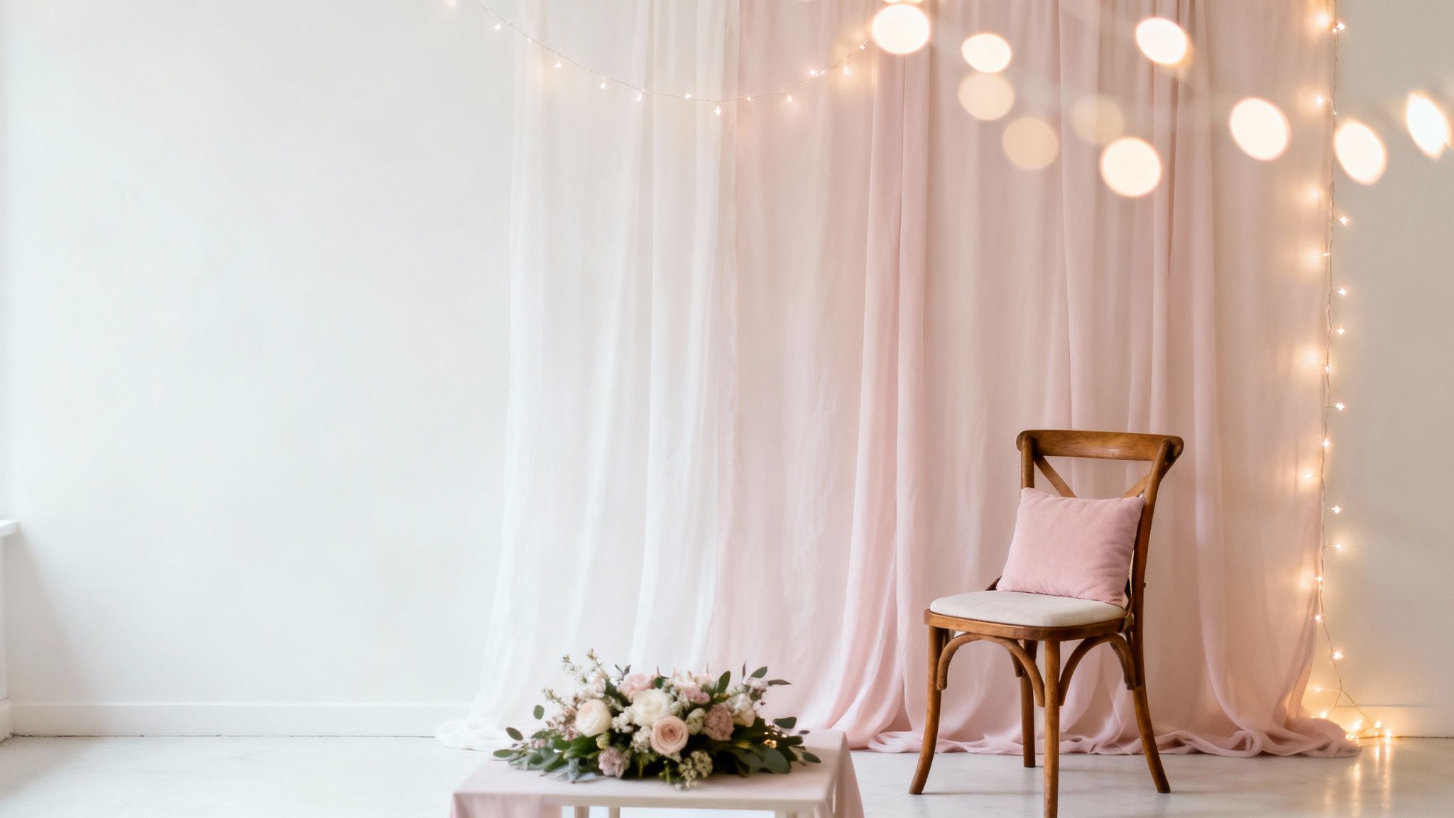 Elegant room decor with pink curtains, fairy lights, floral centerpiece, and a wooden chair with a pink pillow.