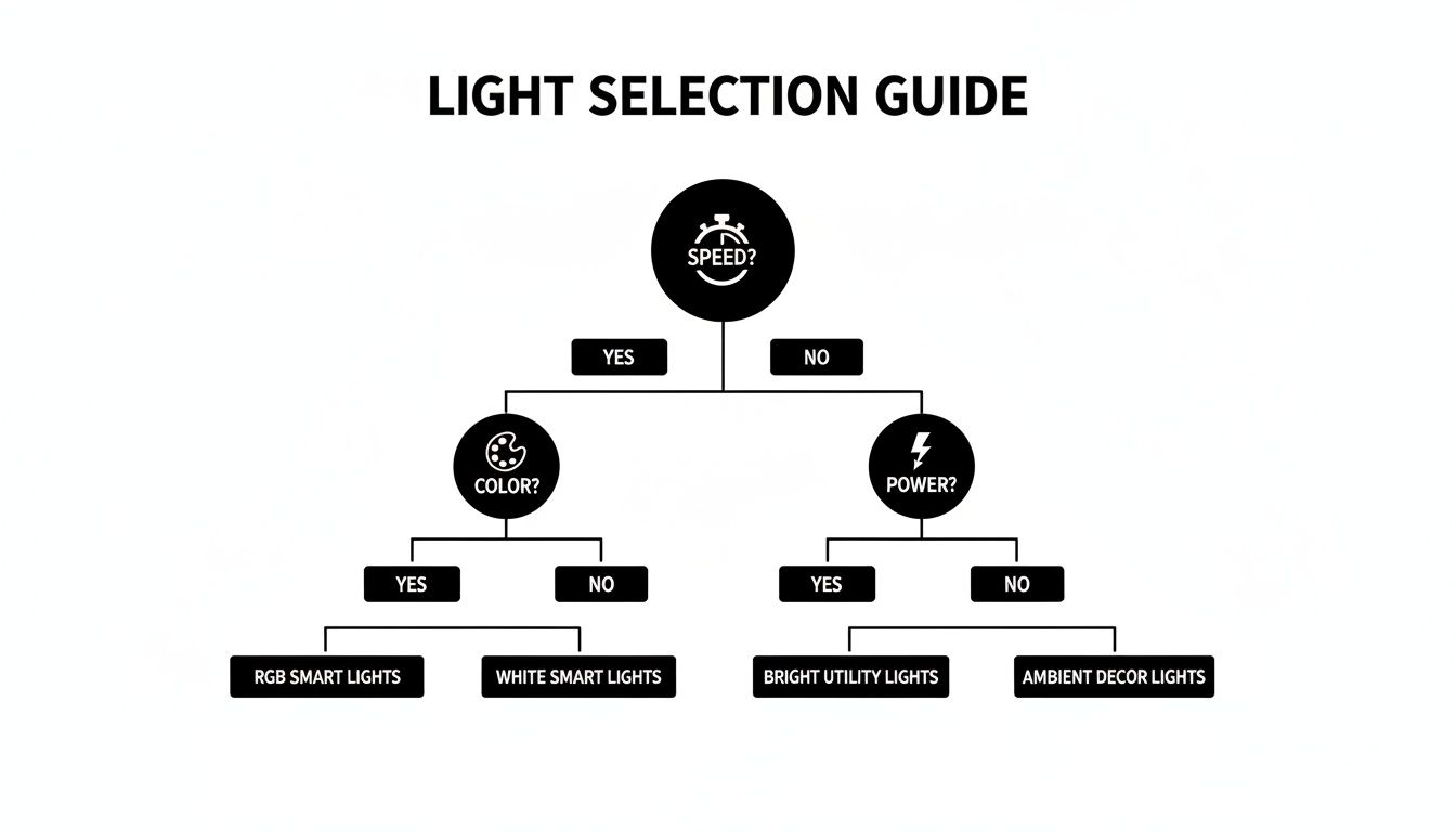 A light selection guide flowchart helps choose between smart, utility, or ambient lights based on speed, color, and power.