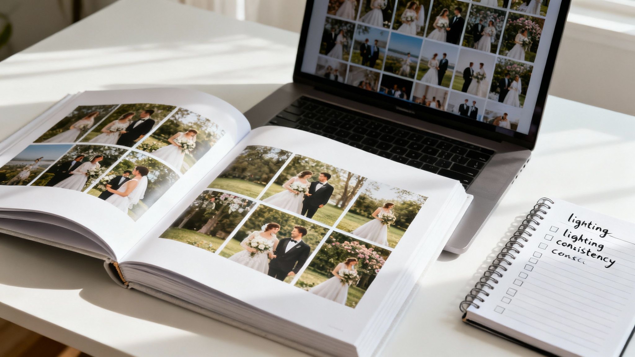 How to Find a Wedding Photographer That You Will Love 7 An open wedding photo album and laptop displaying wedding photos, with a notepad checklist on a white desk.