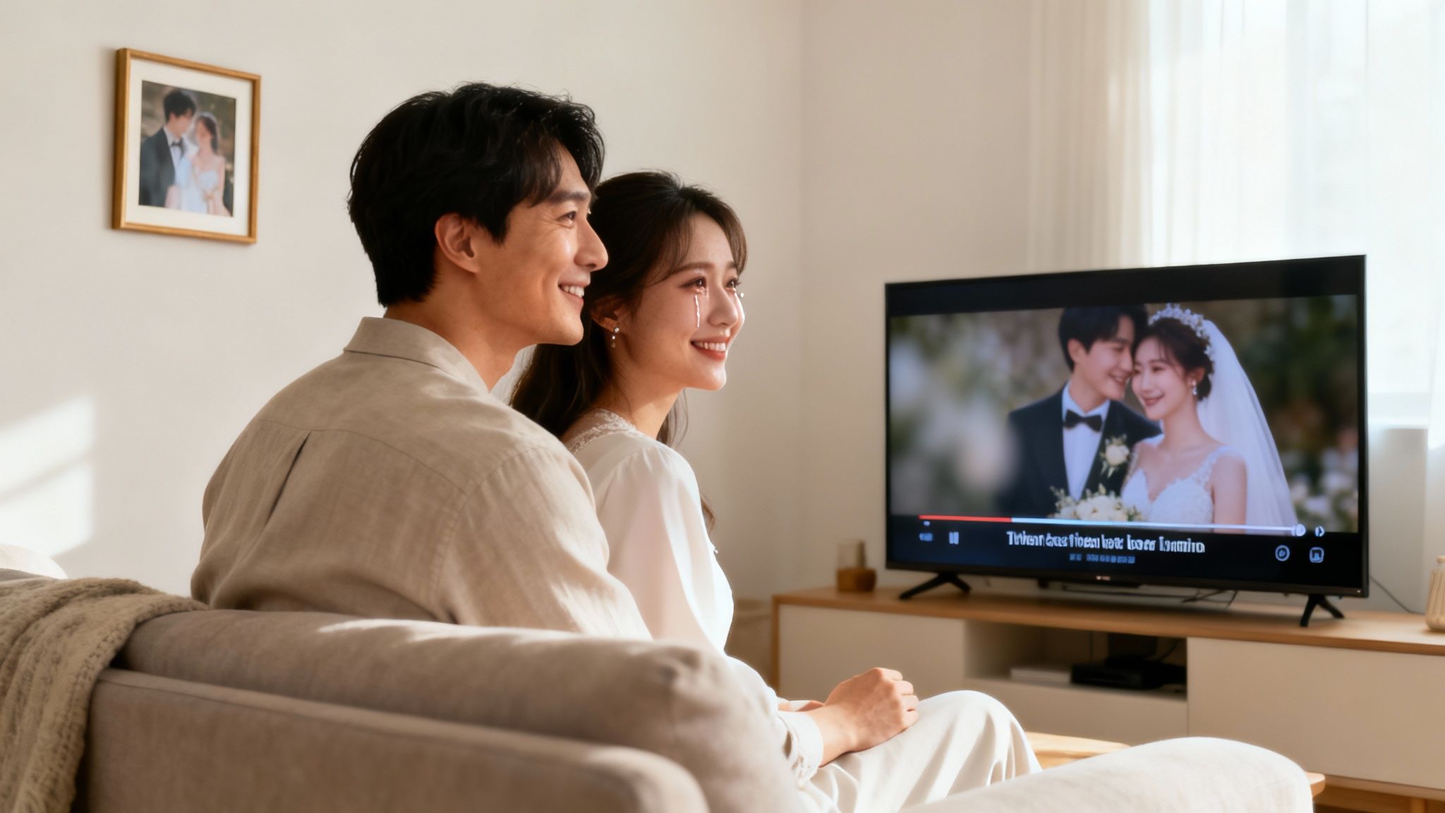 Happy couple watches a wedding video on TV, tears of joy streaming down the woman's face.