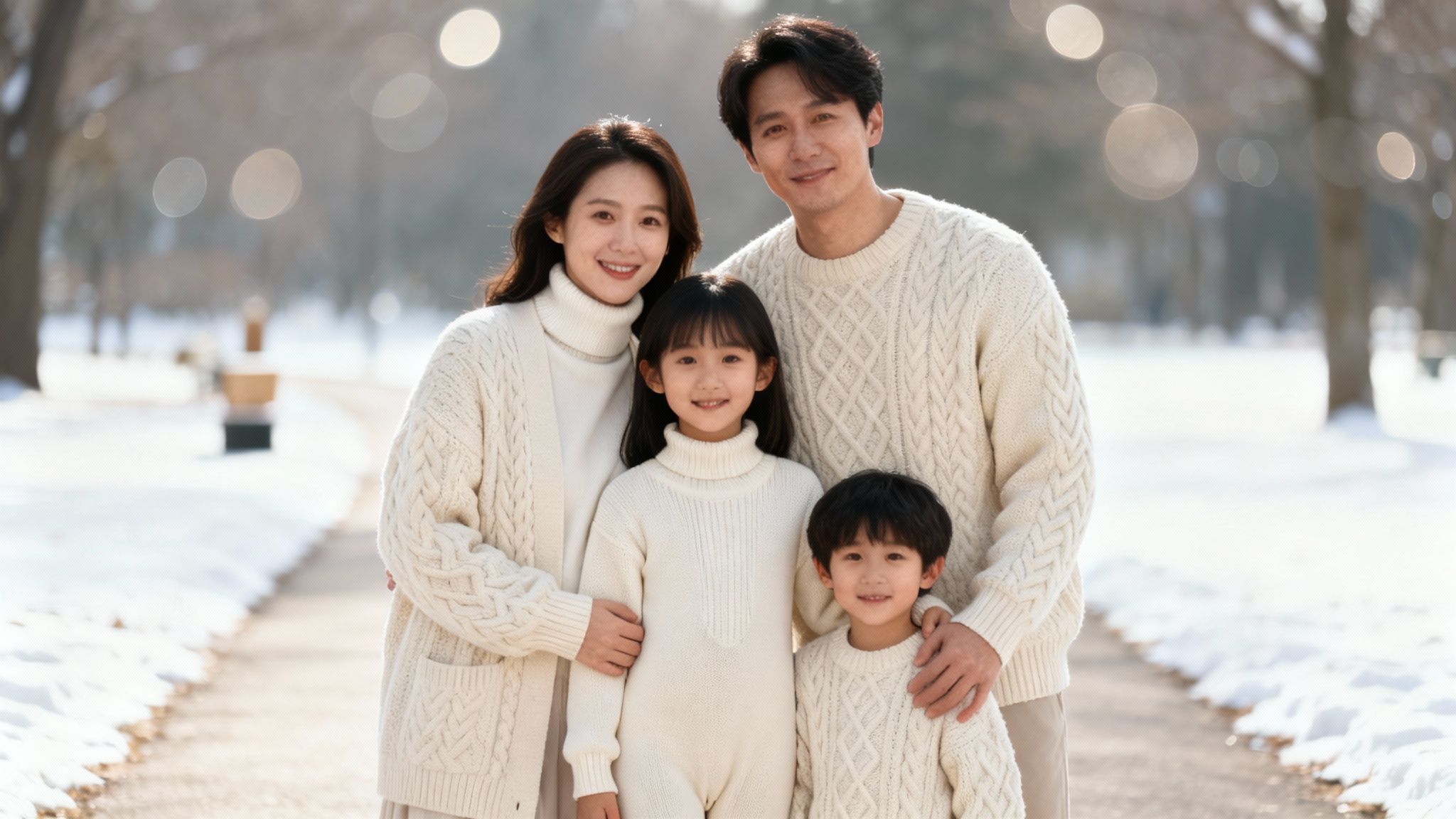9 Cozy Family Picture Clothing Ideas for Winter 2025 1 A smiling Asian family of four in matching white sweaters poses on a snowy park path.