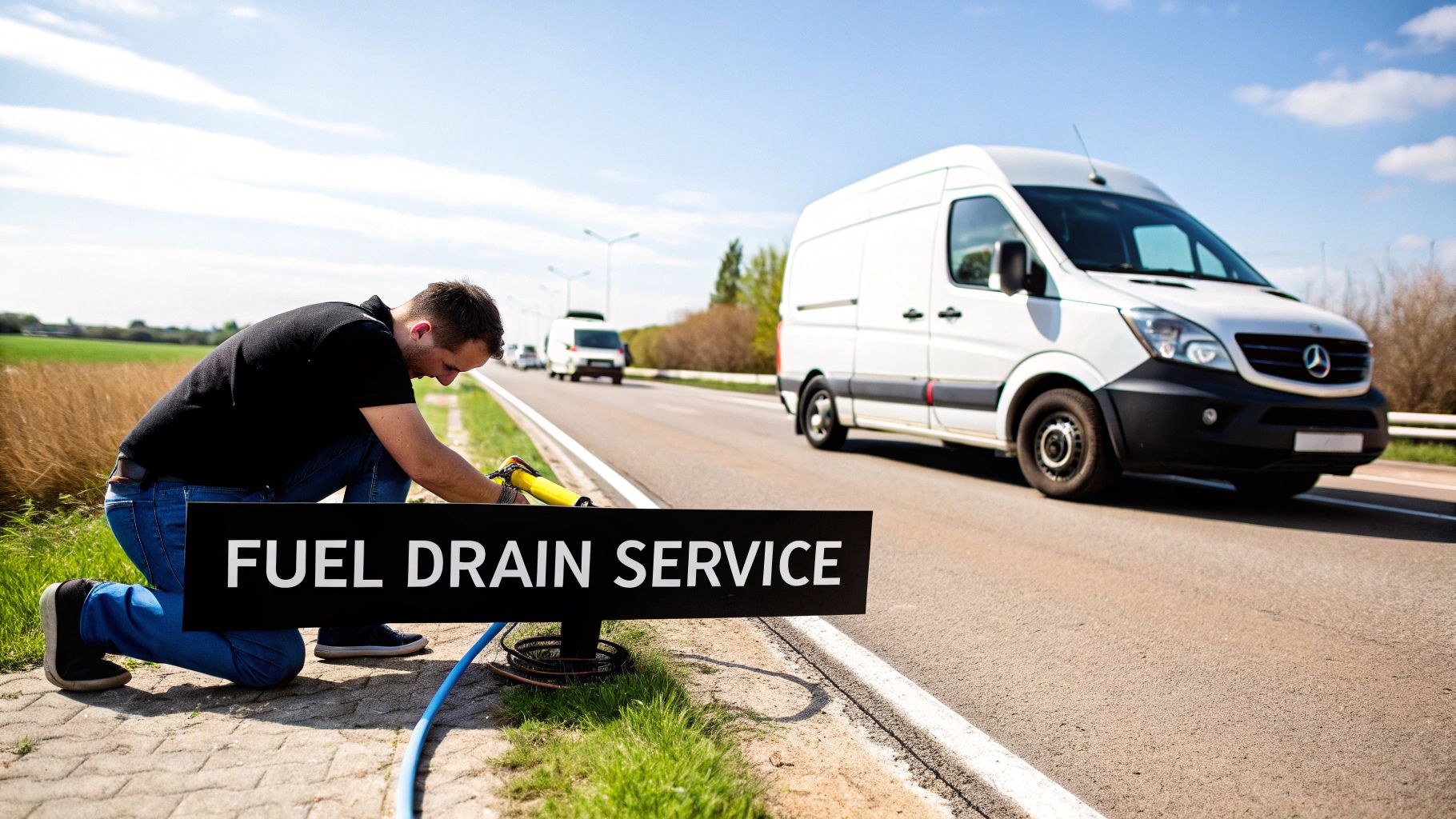 A trained technician using specialised equipment to perform a mobile fuel drain on a car at a petrol station.