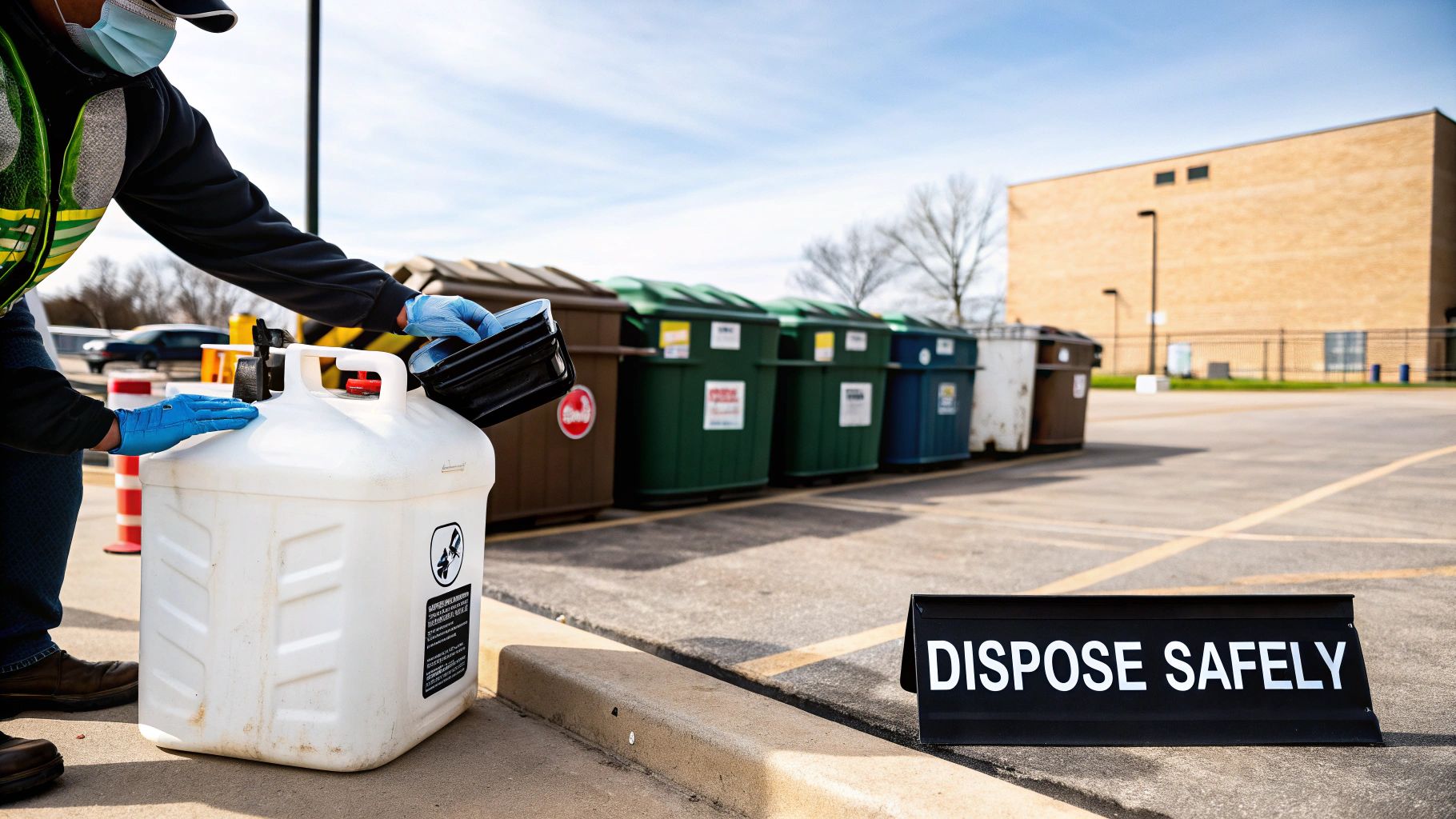 A person in a mask and gloves safely disposes of liquid waste into bins with a 'Dispose Safely' sign.