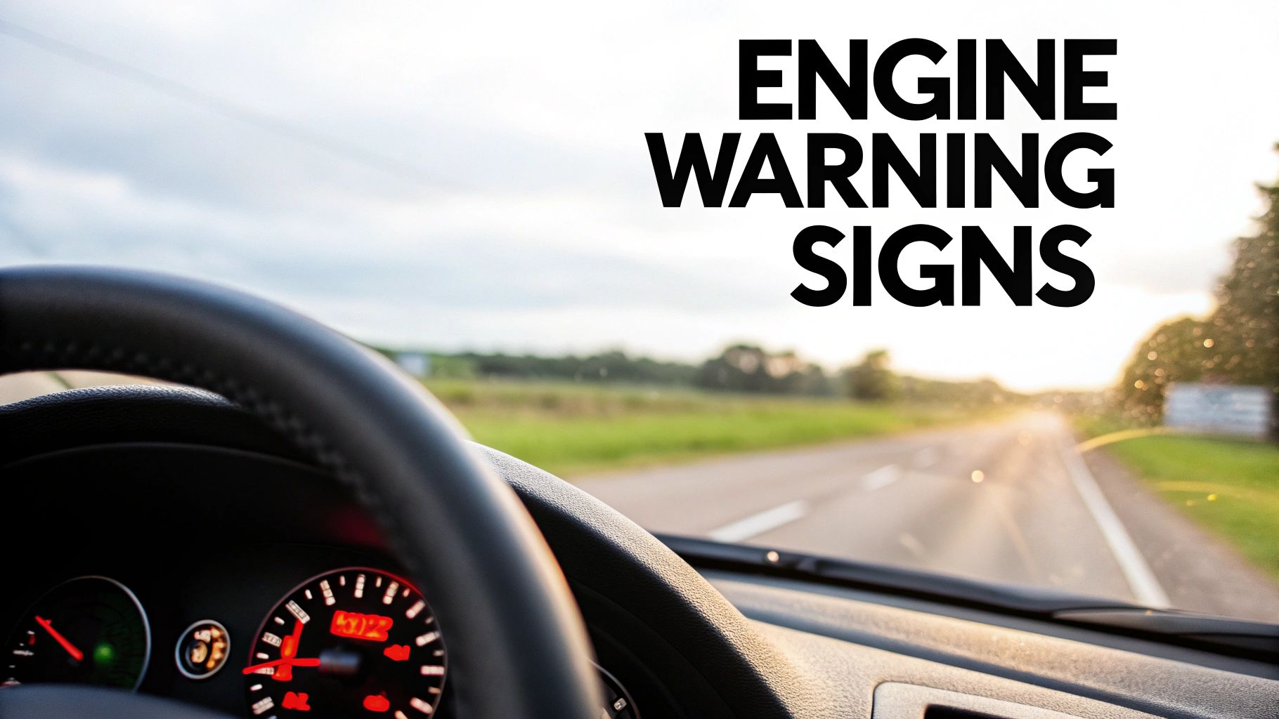 View from a car interior showing a steering wheel, dashboard with warning lights, and a road. Text: ENGINE WARNING SIGNS.