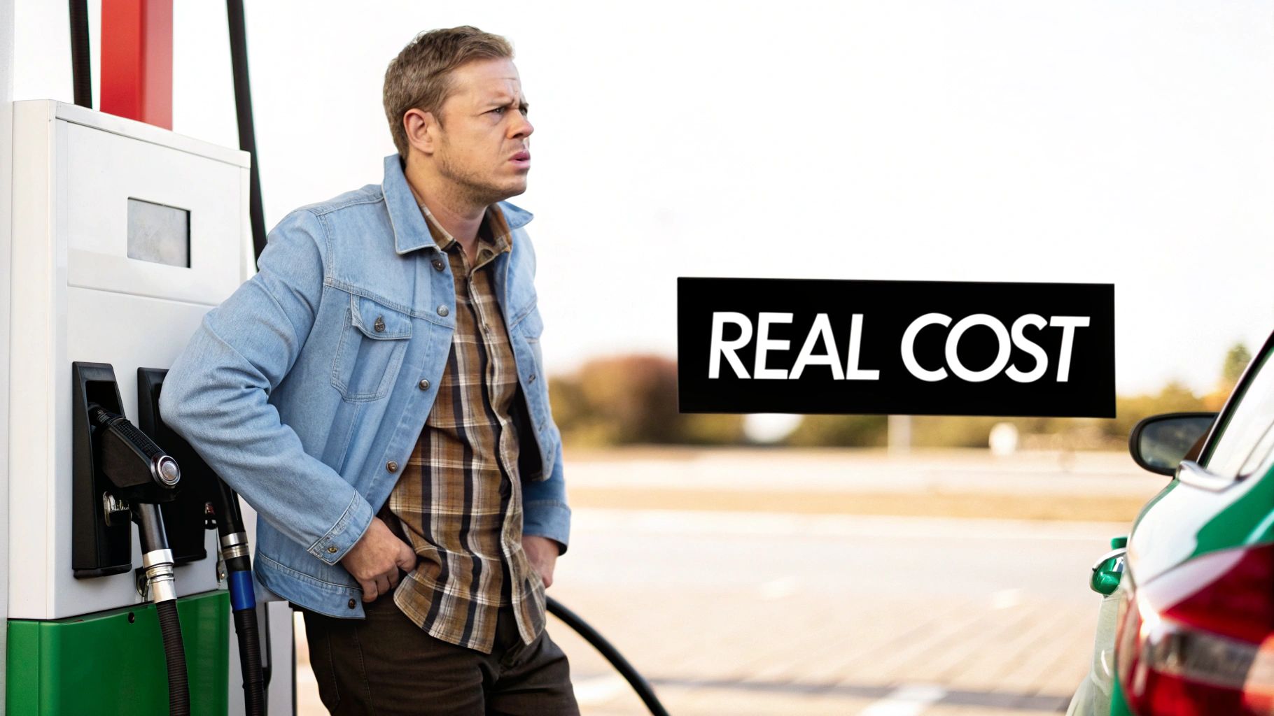 A car at a petrol station pump, looking into the fuel tank opening.