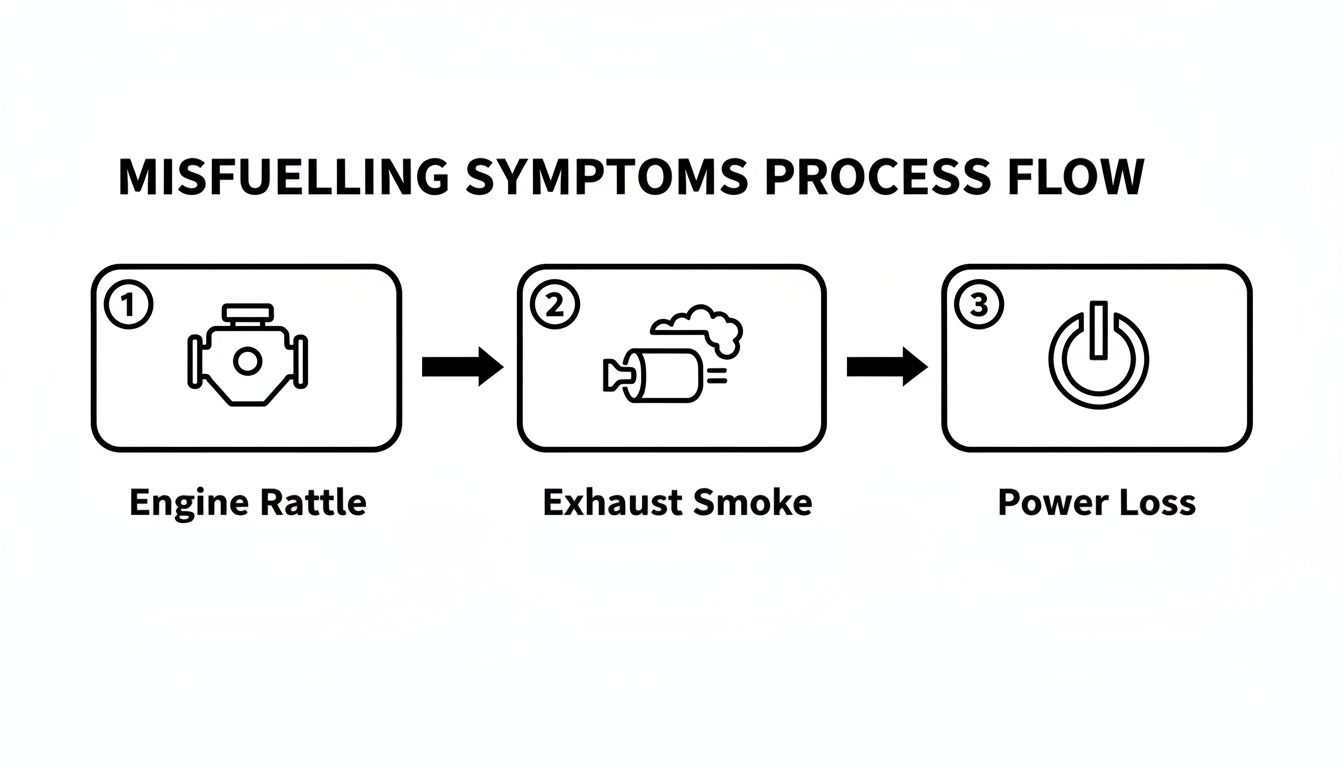 Flowchart displaying misfuelling symptoms: engine rattle, exhaust smoke, and subsequent power loss.