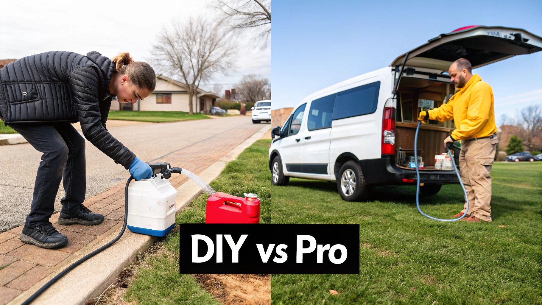 DIY vs Pro comparison: One person siphons from a container, another works from a service van.