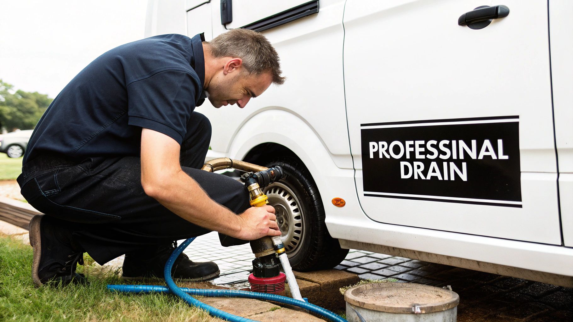 Professional drain specialist operating equipment and hoses next to a white service van with branded logo.
