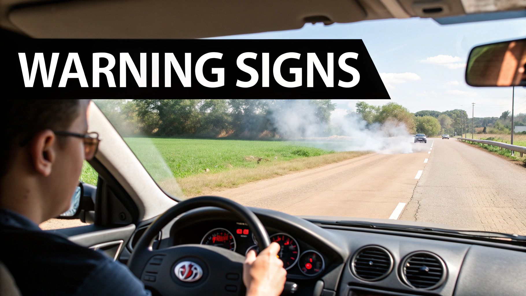Driver encountering warning signs while observing smoke on rural highway from inside vehicle