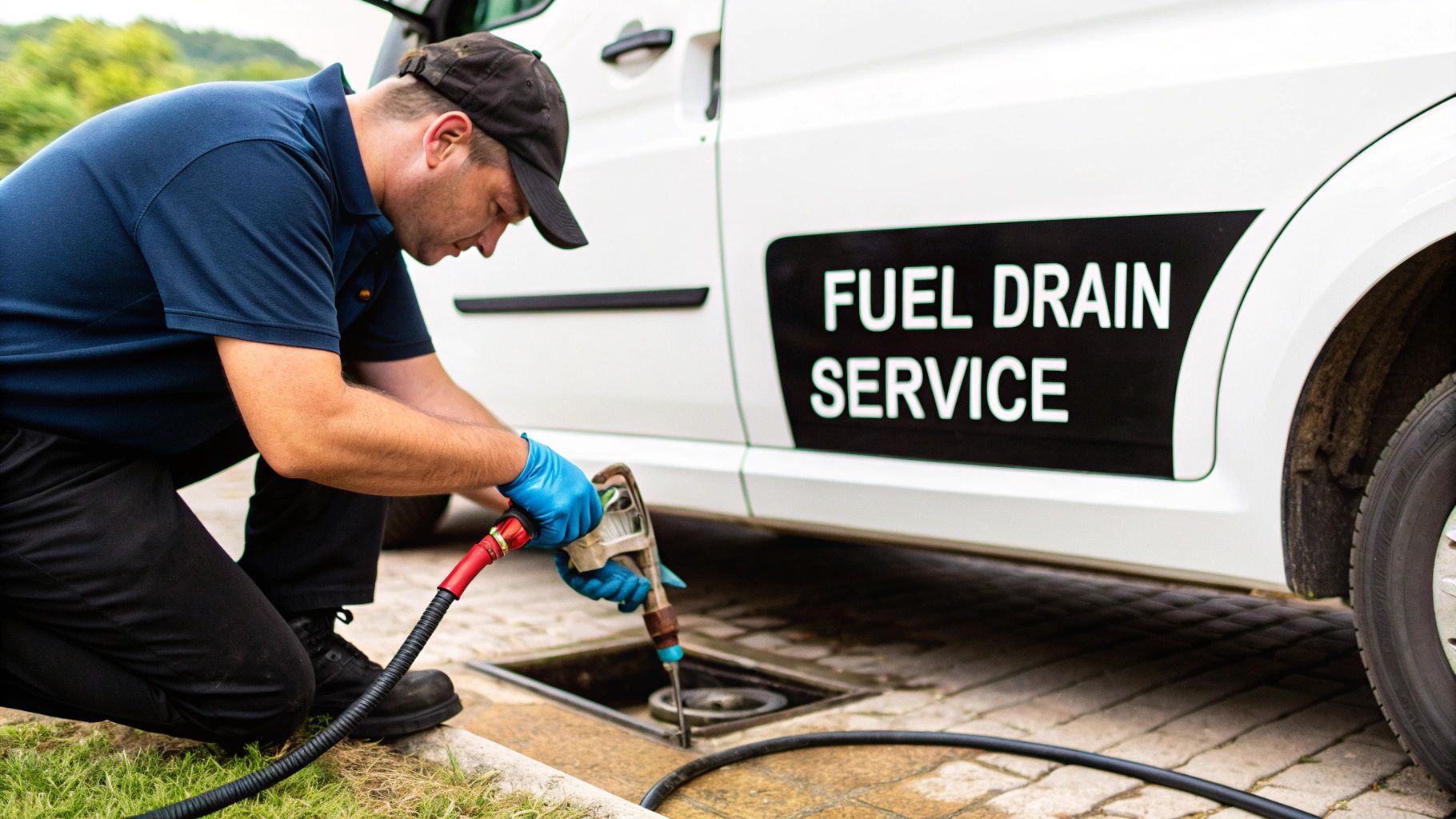 A service technician in blue gloves performs a fuel drain service on a white van.