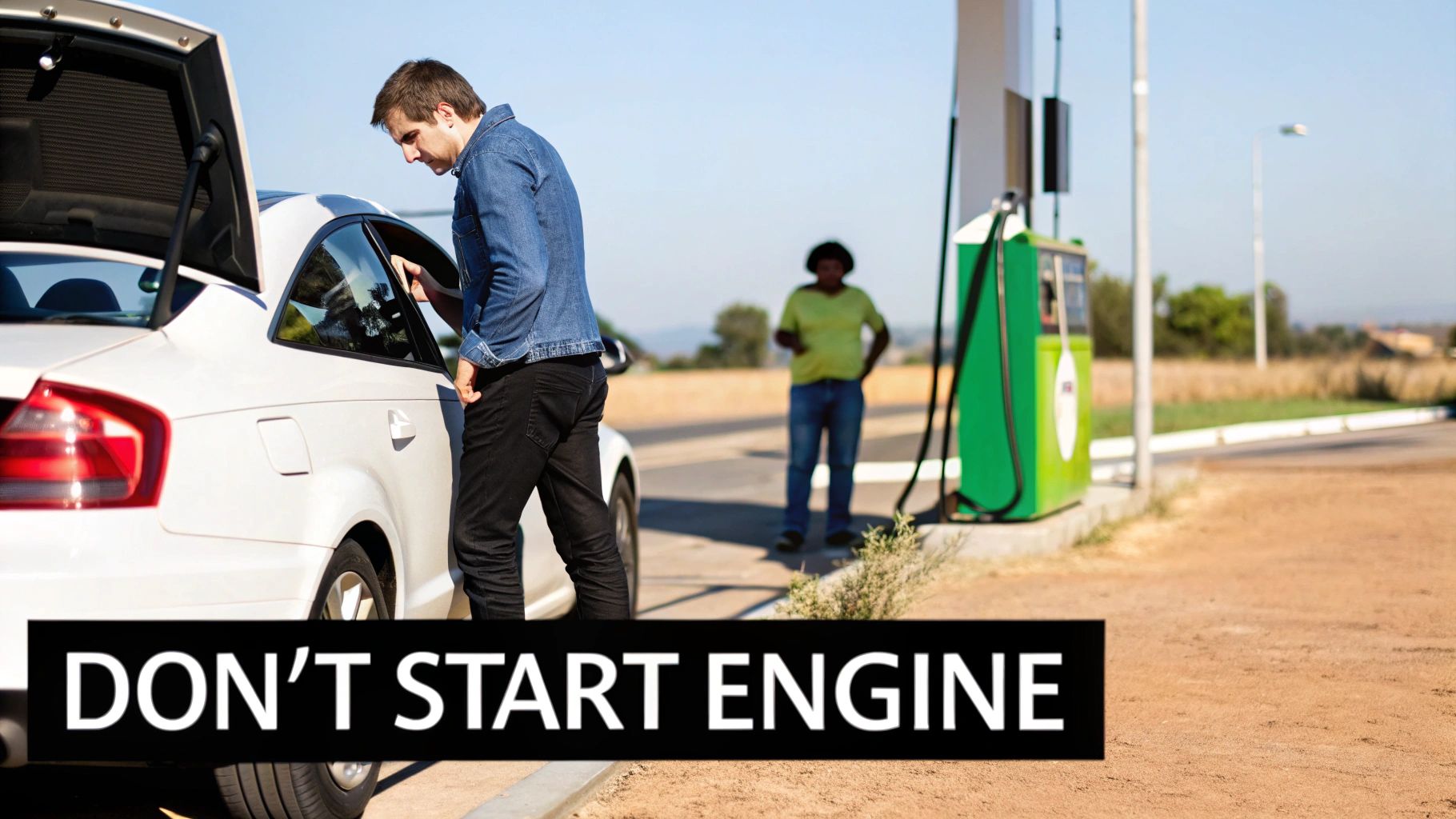 Man standing beside broken down car at roadside fuel station with open hood