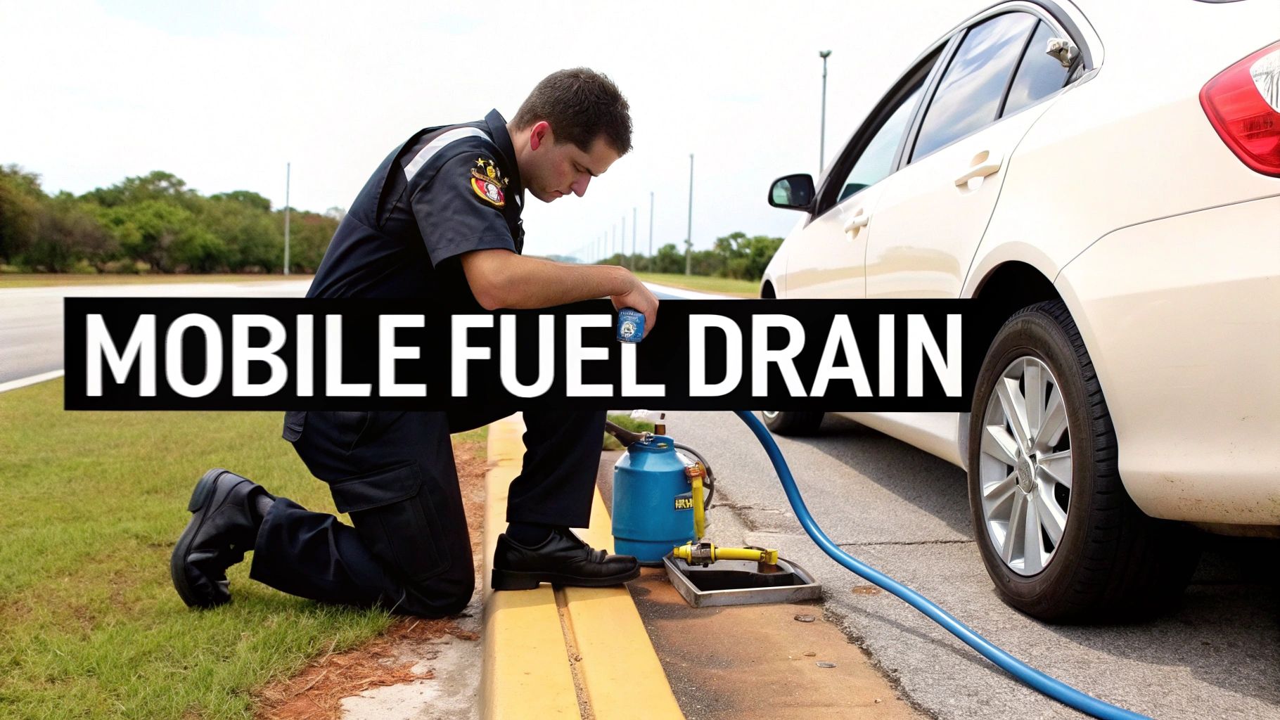 Emergency responder draining wrong fuel from car tank using mobile fuel drain equipment roadside