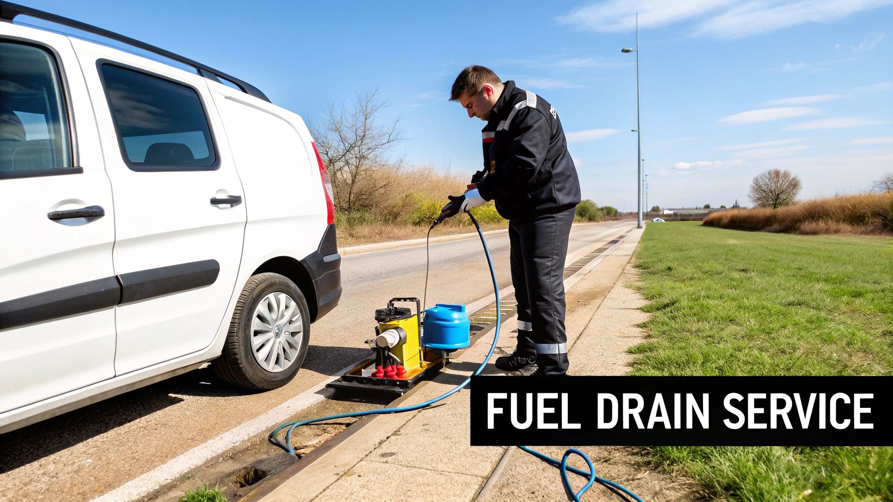 A technician performs a fuel drain service on a white van using specialized equipment by the roadside.