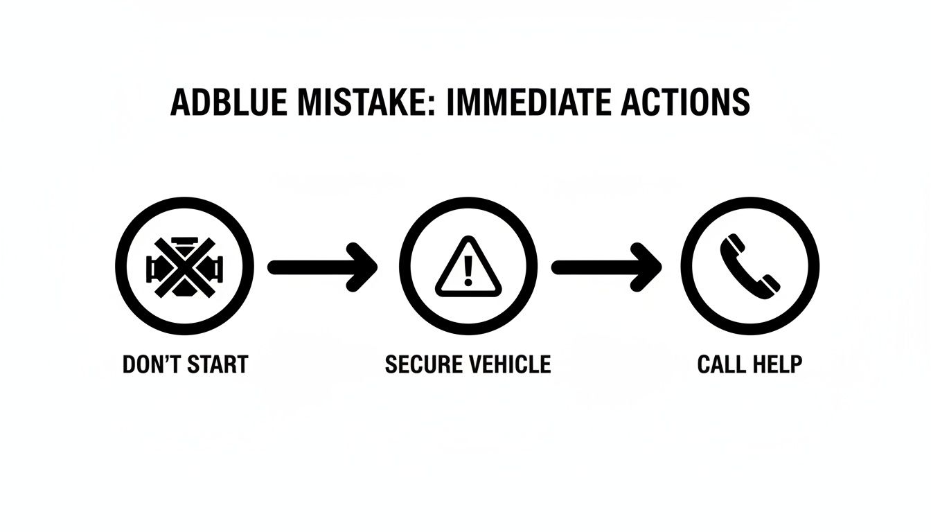 Flowchart illustrating immediate actions for an AdBlue mistake: don't start the vehicle, secure it, then call for help.