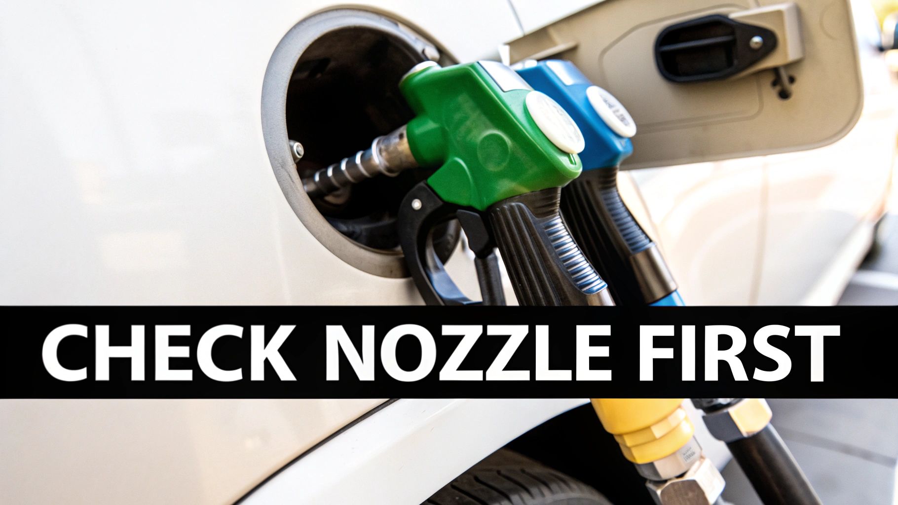 A green fuel pump nozzle is inserted into a white car's fuel tank, with a warning to check the nozzle.