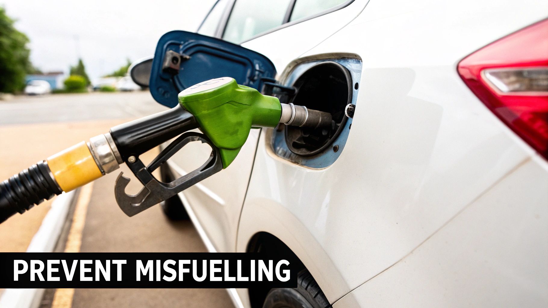 A green petrol nozzle next to a yellow diesel nozzle at a filling station, illustrating the need for careful selection.