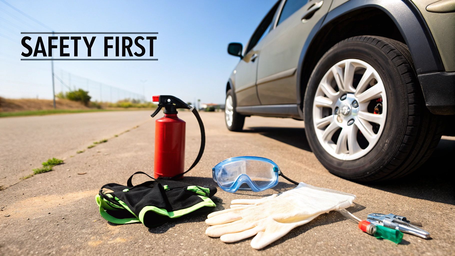 Essential car safety equipment, including a fire extinguisher, gloves, and goggles, on the ground near a car tire with &#39;SAFETY FIRST&#39; text.