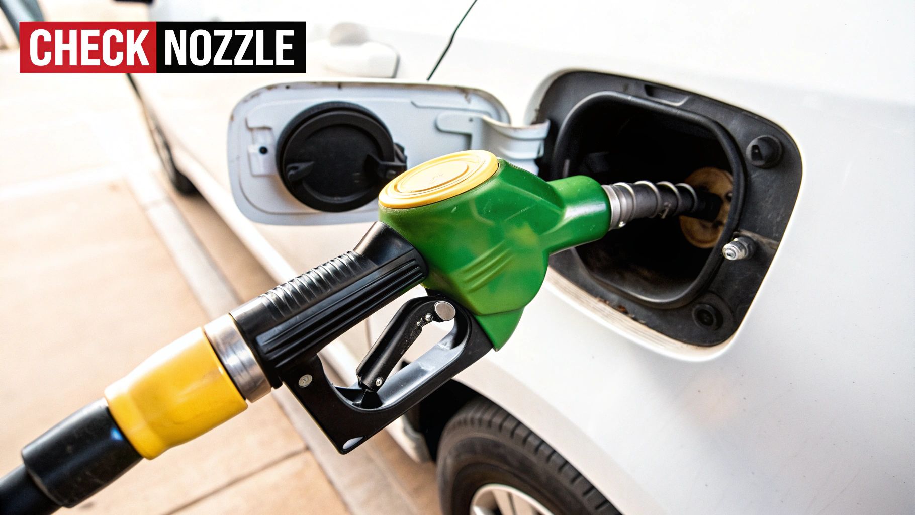 A green and yellow fuel nozzle inserted into a white car's gas tank, cap open.
