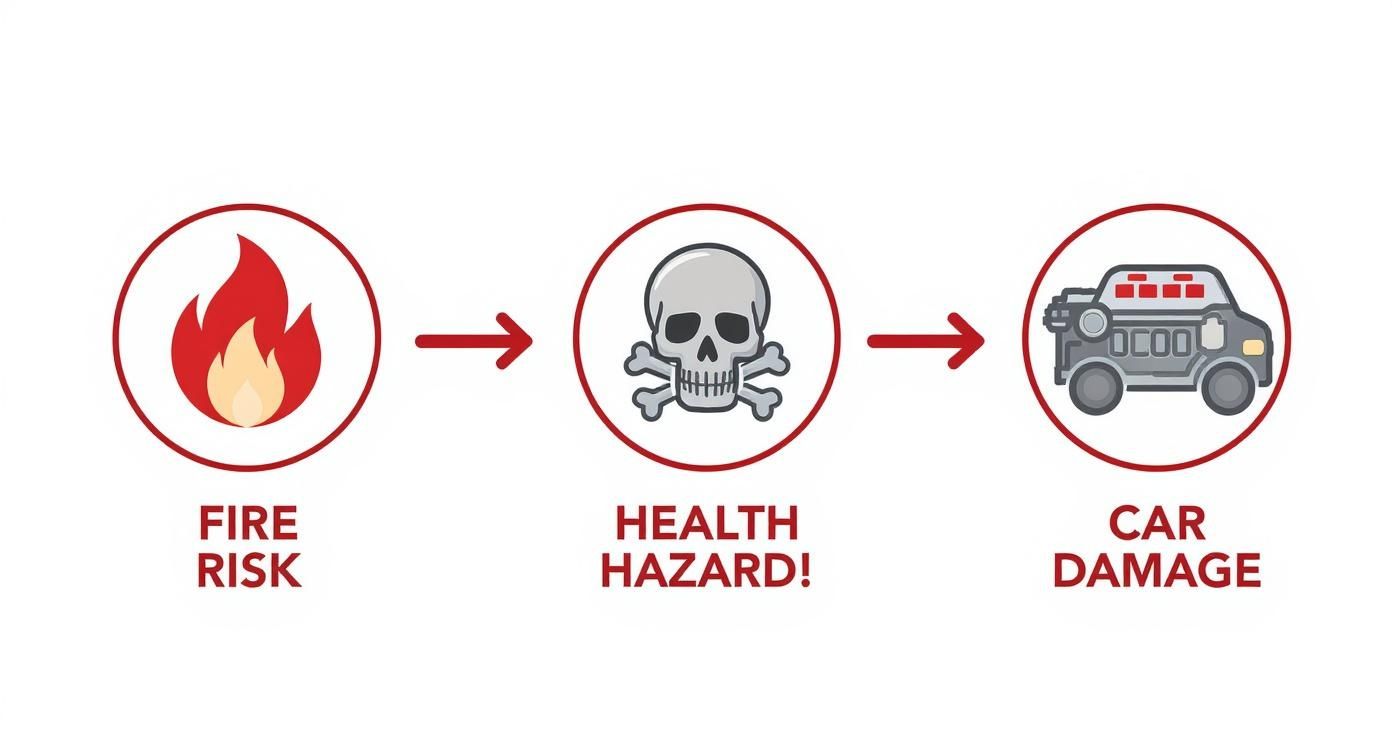 A diagram illustrating a chain of hazards: fire risk, health hazard (skull), and car damage.