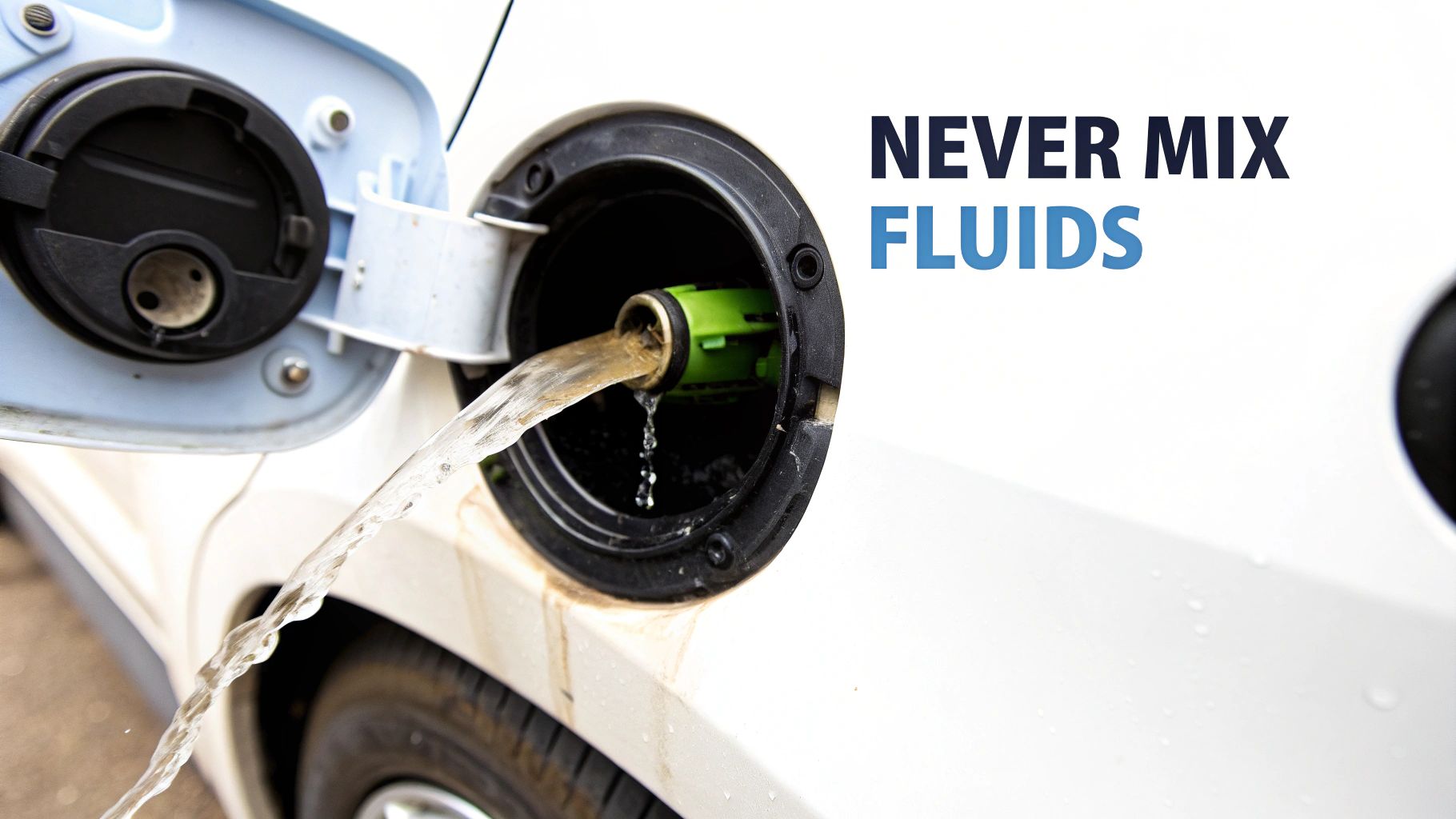 Clear liquid spilling from a car's fuel tank, highlighting the "NEVER MIX FLUIDS" warning.