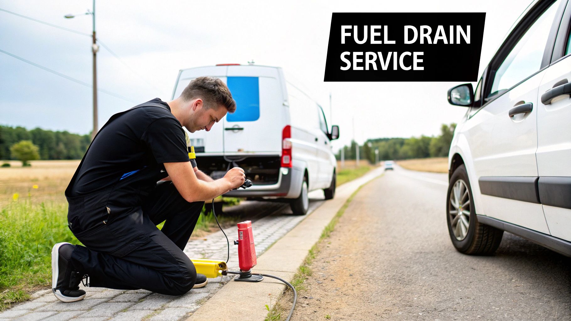 A mechanic kneels by the roadside, setting up equipment for a fuel drain service on a white van.