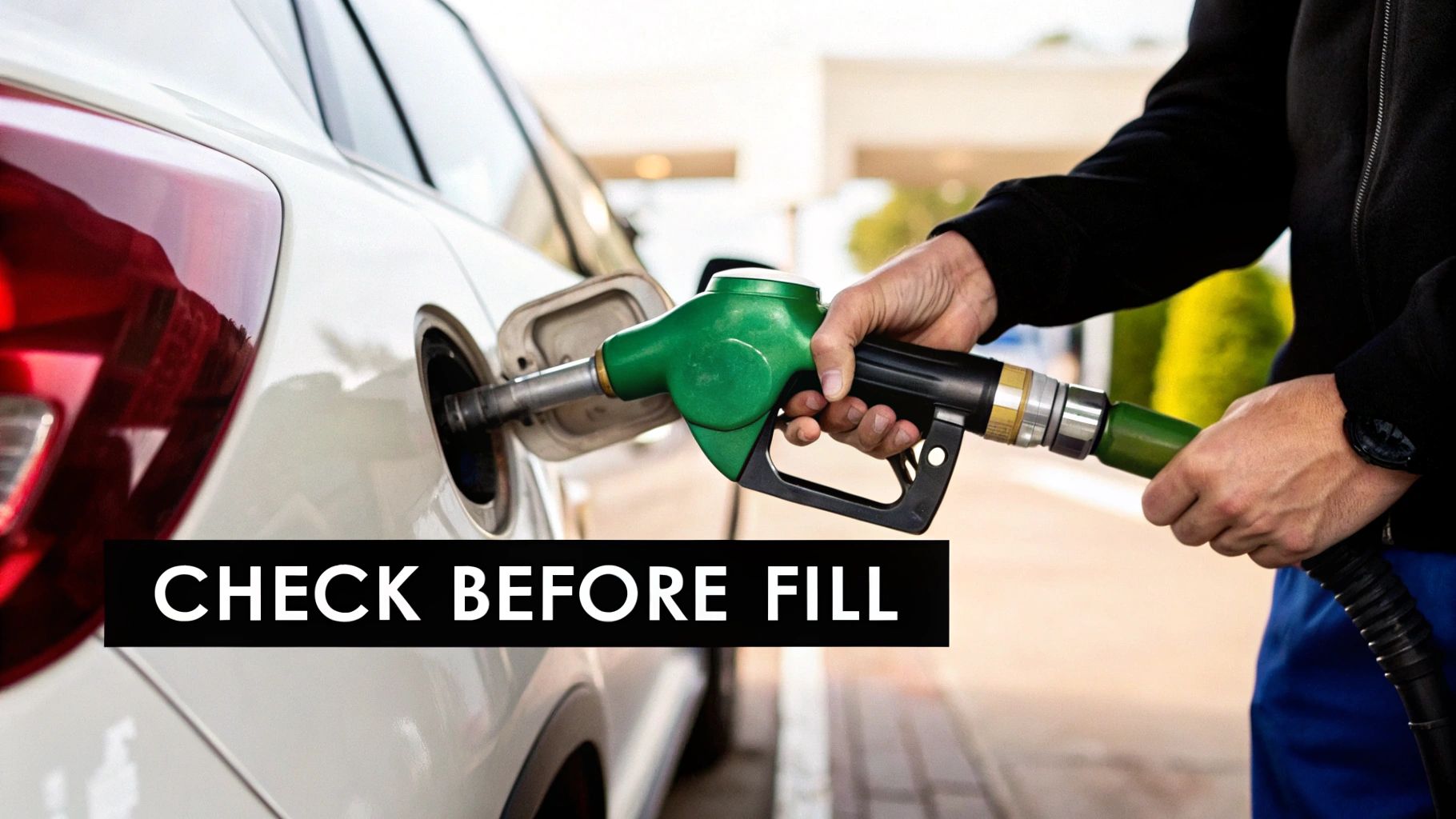 A person holds a green fuel nozzle, filling a white car at a gas station, with 'CHECK BEFORE FILL' text.