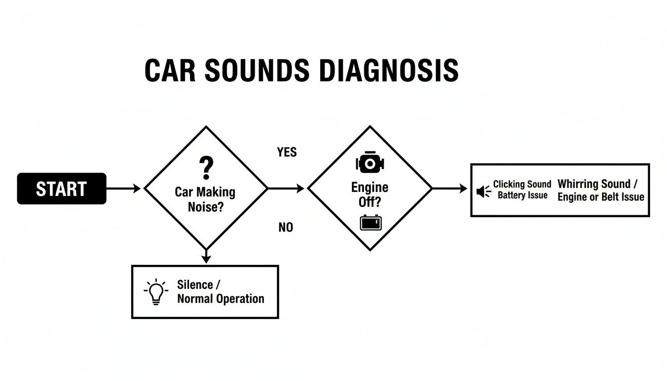 Flowchart illustrating car sounds diagnosis, guiding users from start to identifying potential battery or engine issues.
