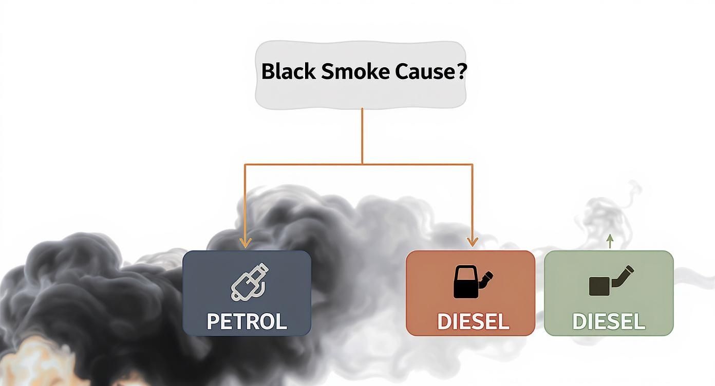 Flowchart illustrating the common causes of black smoke from vehicle exhausts, specifically petrol and diesel.