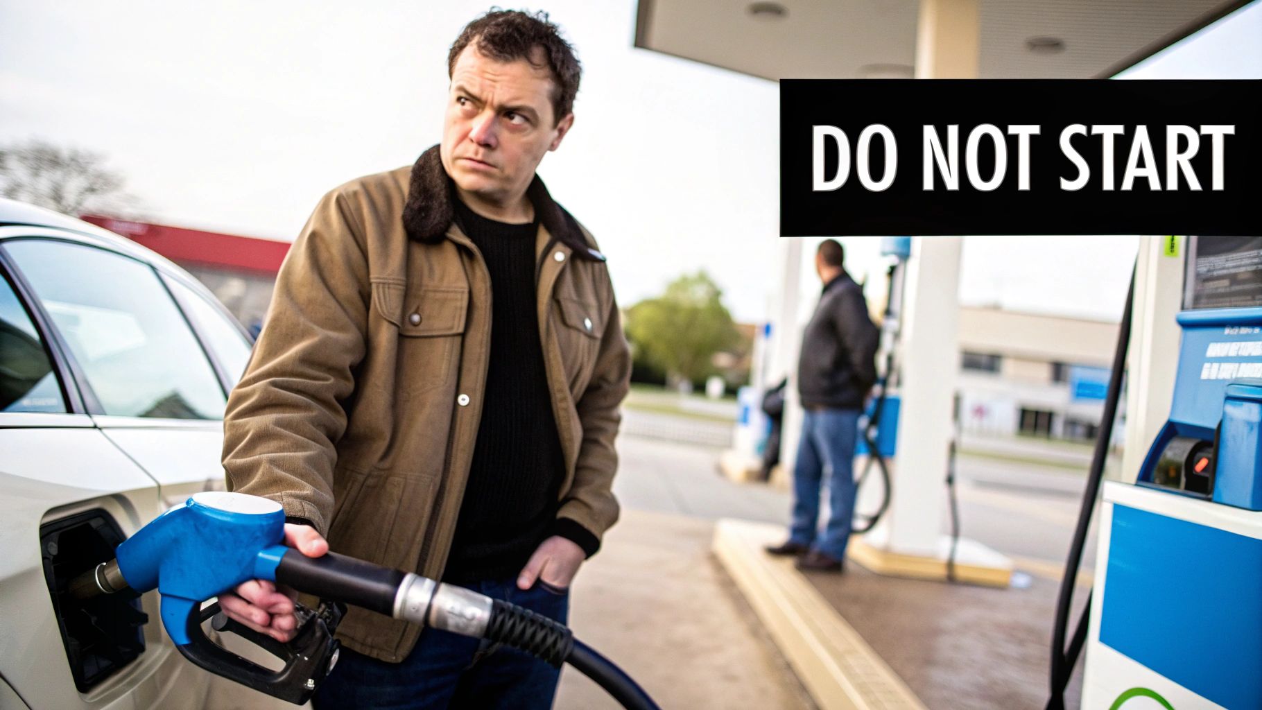 A man at a gas station, looking worried while filling his car's tank with a blue nozzle.