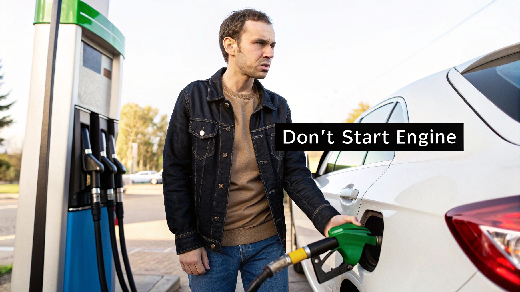 A concerned man at a gas station puts a green fuel nozzle into a white car's tank.