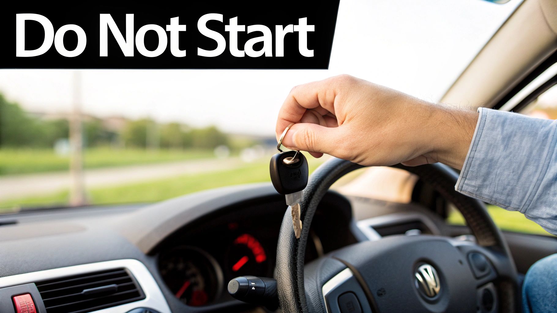 A person holding a car key, ready to turn the ignition.