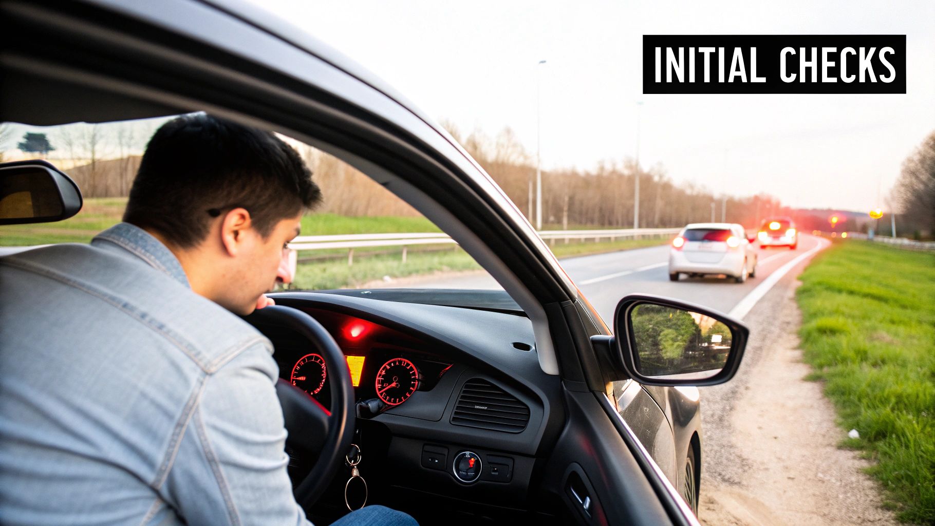 Man in car performing initial checks, stopped on the side of a road with other vehicles ahead.