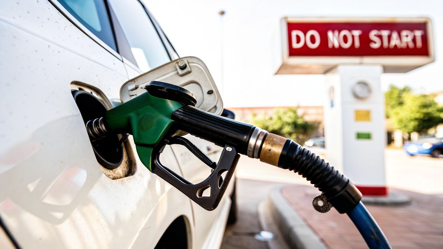 A car being refuelled at a petrol station, illustrating the moment a misfuelling mistake can occur.