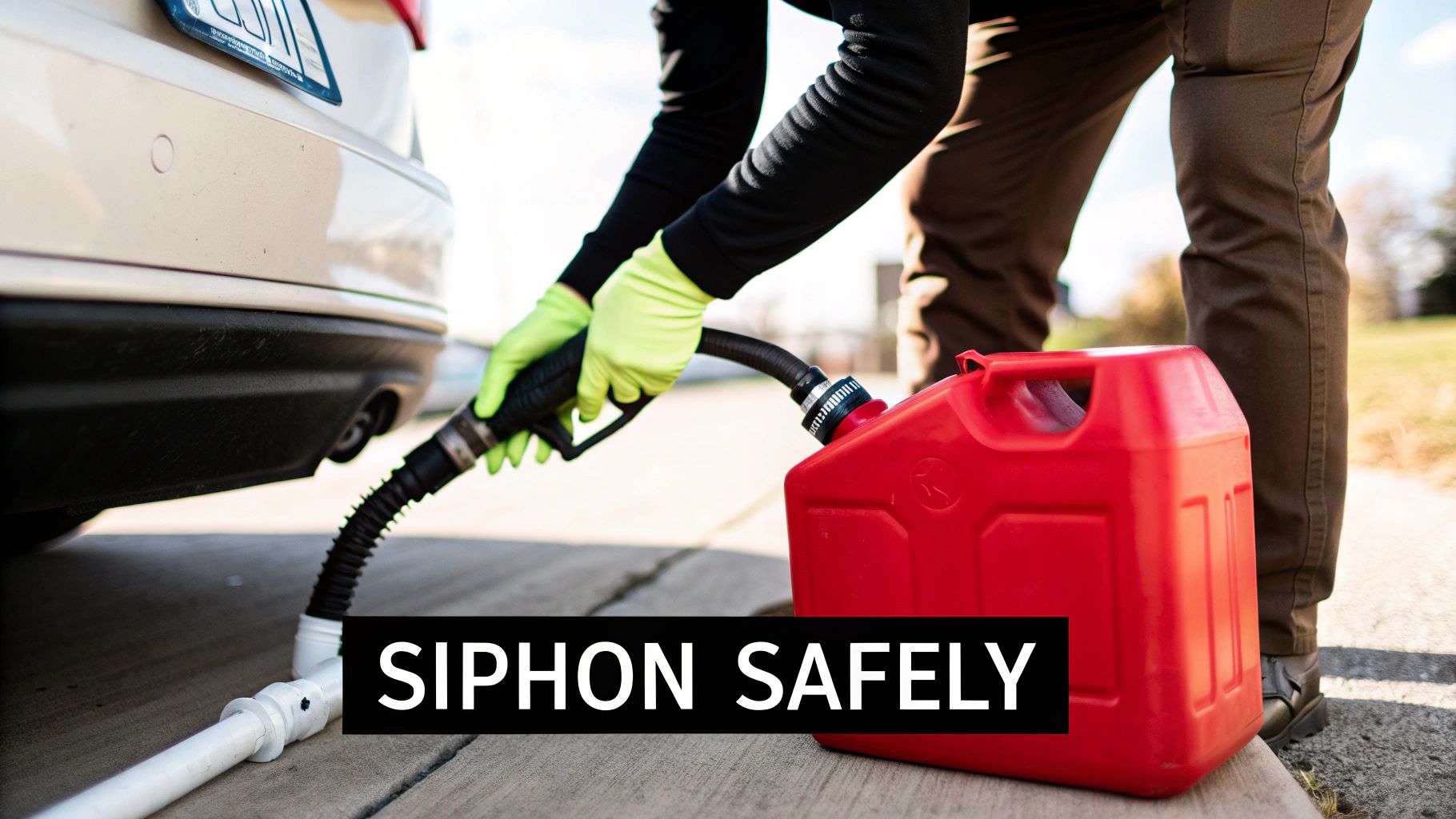 A person safely siphoning fuel from a car&#39;s filler neck into an approved red fuel can.