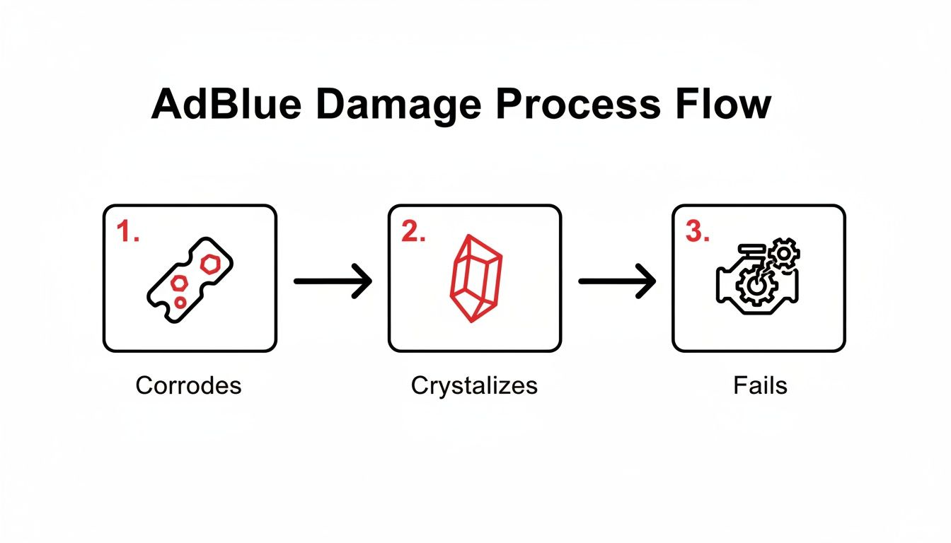 AdBlue damage process flowchart illustrates corrosion, crystallization, and subsequent engine failure in three steps.