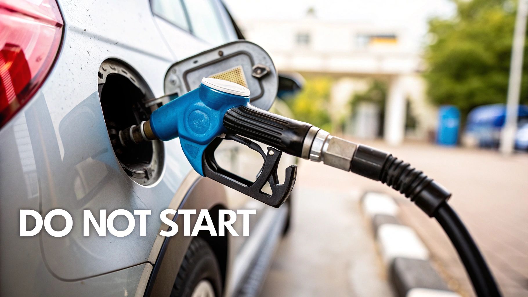 A close-up shot of a blue fuel nozzle inserted into the gas tank of a silver car.