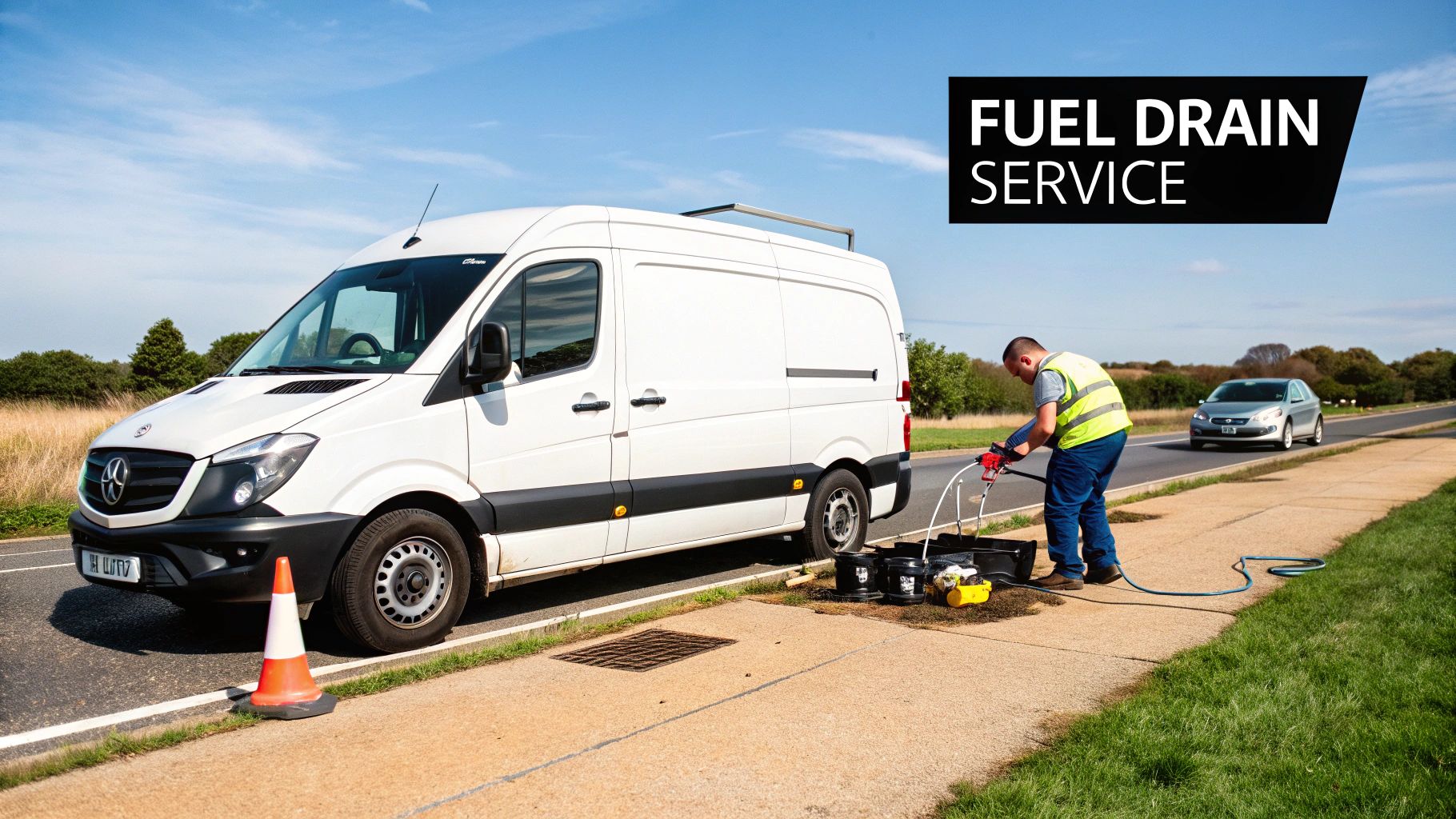 Professional technician performing fuel drain service on white Mercedes van by roadside