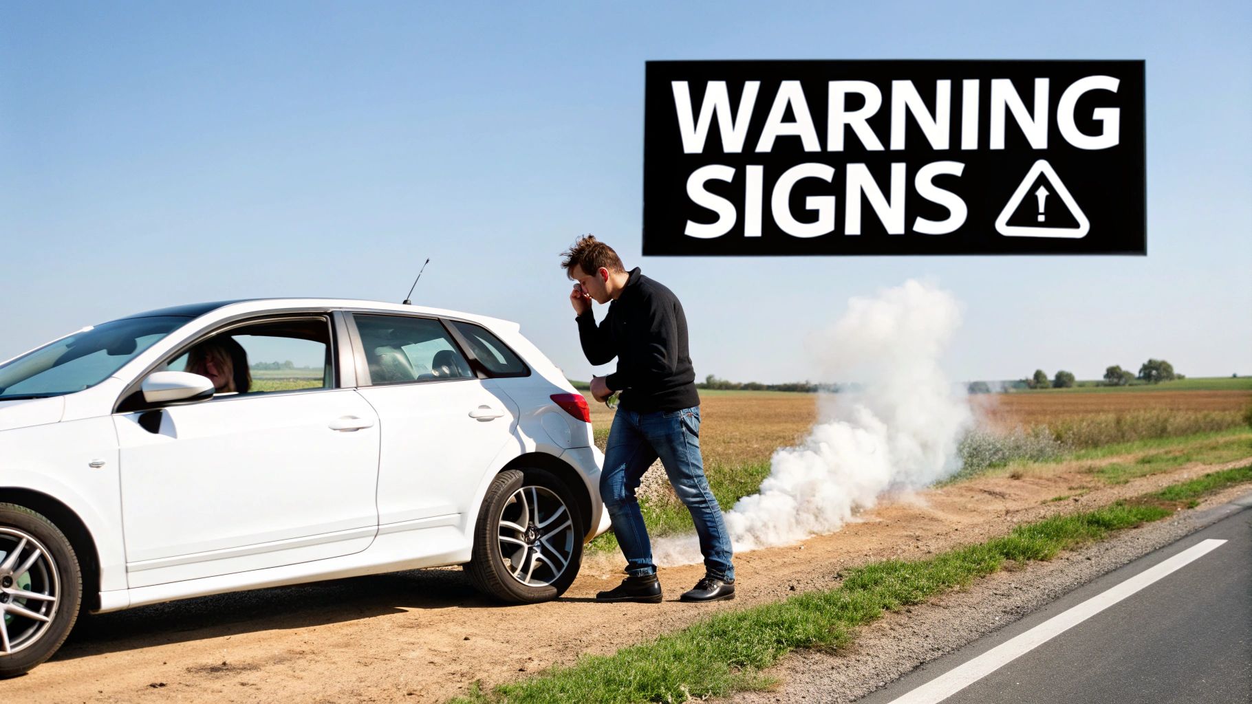 A broken-down white car on a dirt road emits smoke, with a worried man and woman.