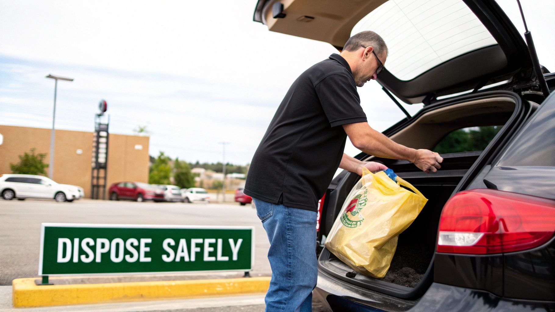 A man places a yellow bag into the open trunk of a black car in a parking lot, next to a &quot;DISPOSE SAFELY&quot; sign.