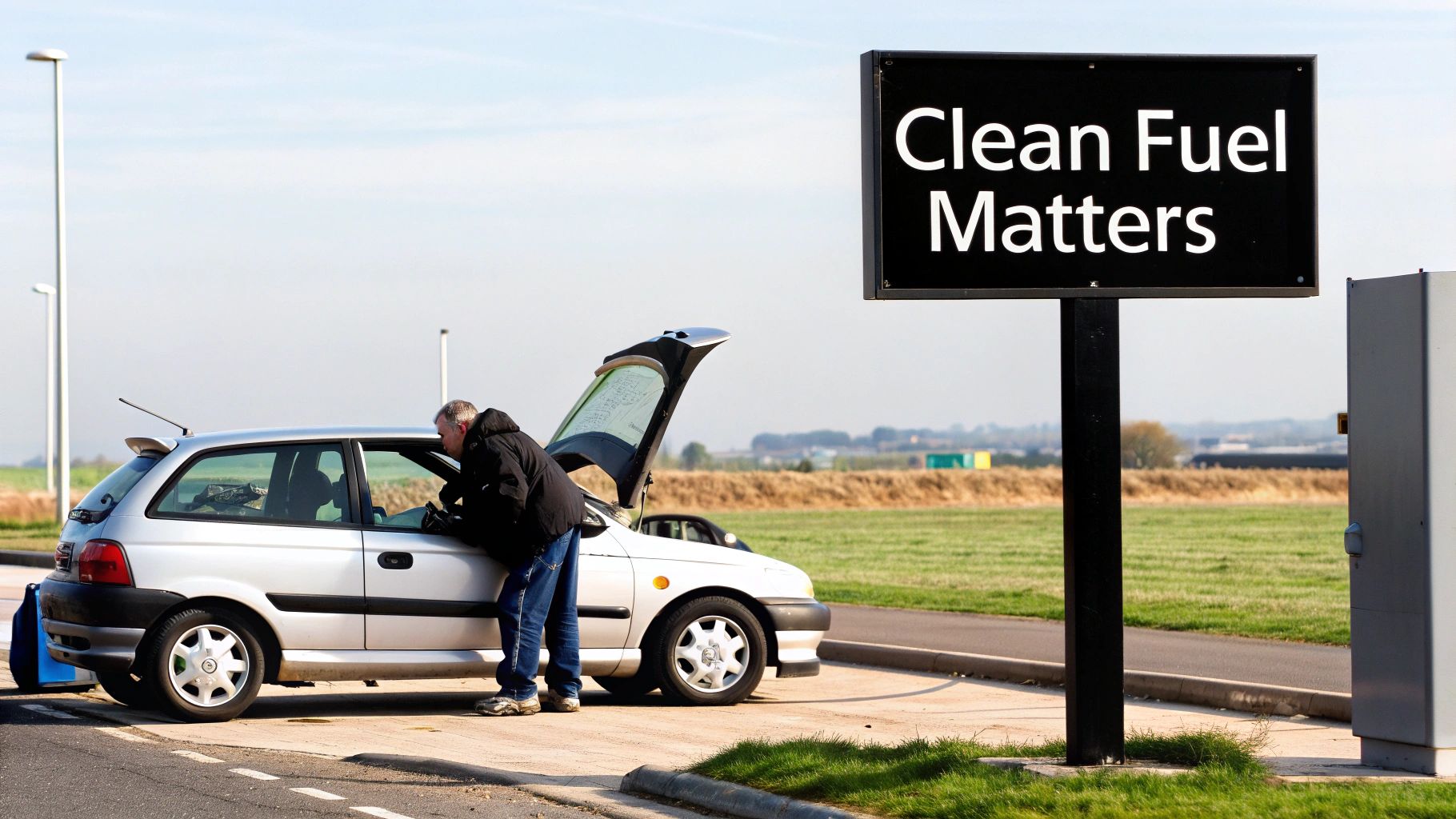 Man checking car engine with the hood open next to a "Clean Fuel Matters" sign.