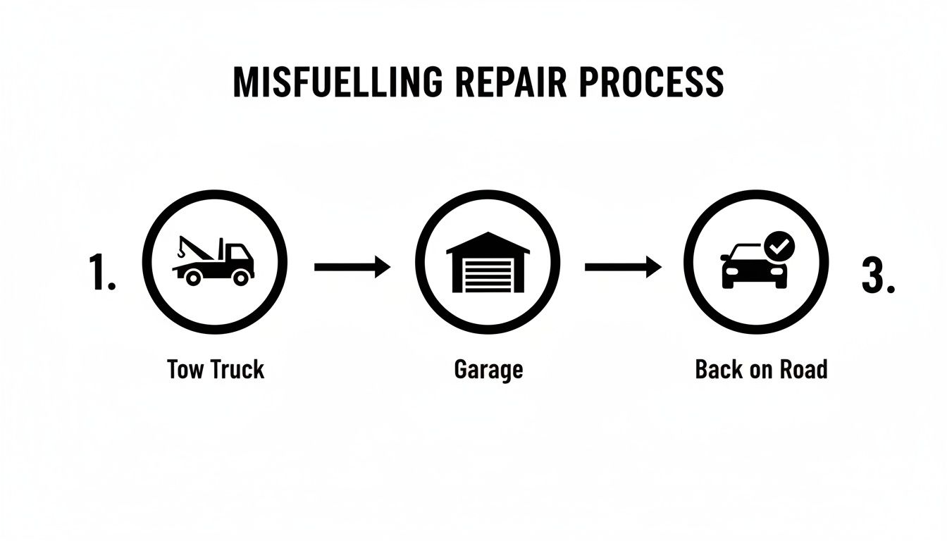 A three-step flowchart shows the misfuelling repair process: tow truck, garage, and back on road.