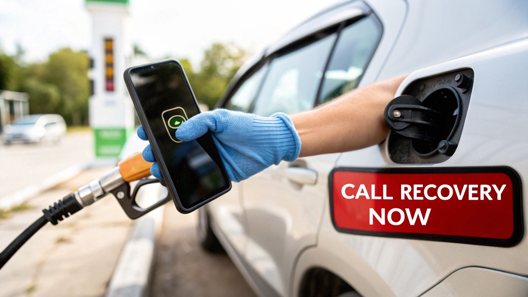 A person holding a smartphone near a car's open fuel tank with a warning sign.