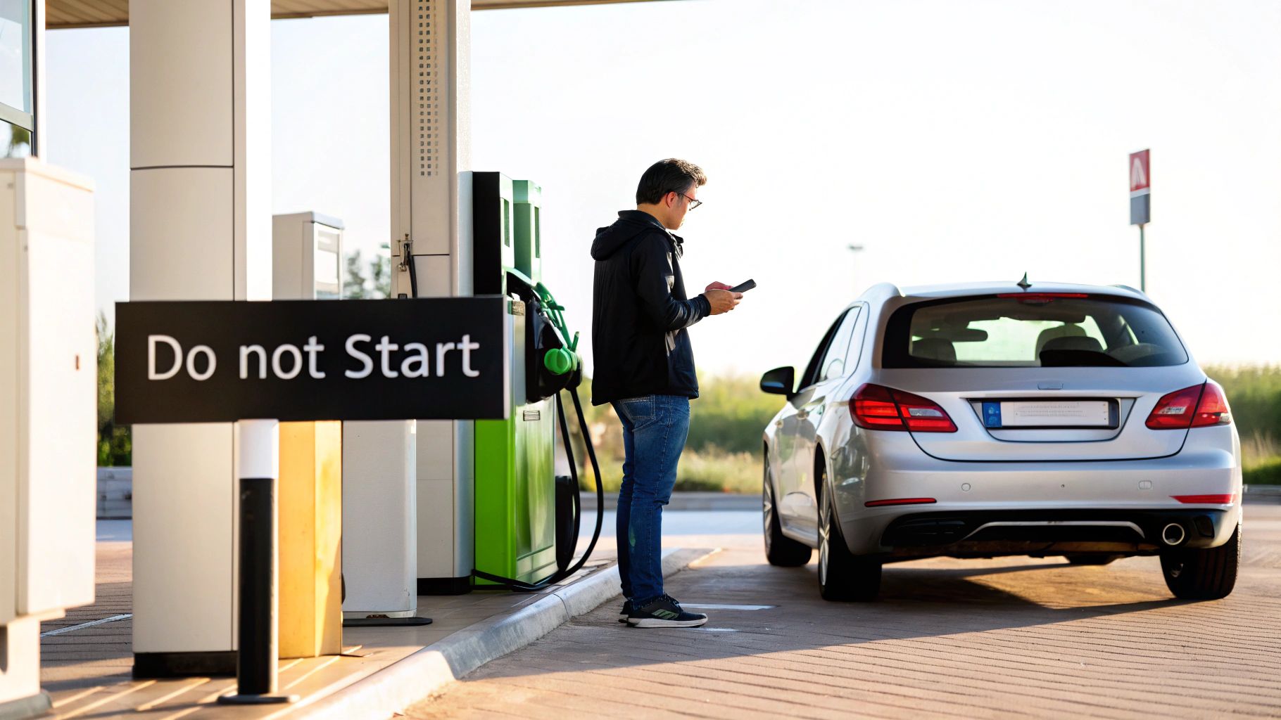 A man uses his smartphone at a gas station fuel pump, with a silver car parked nearby.