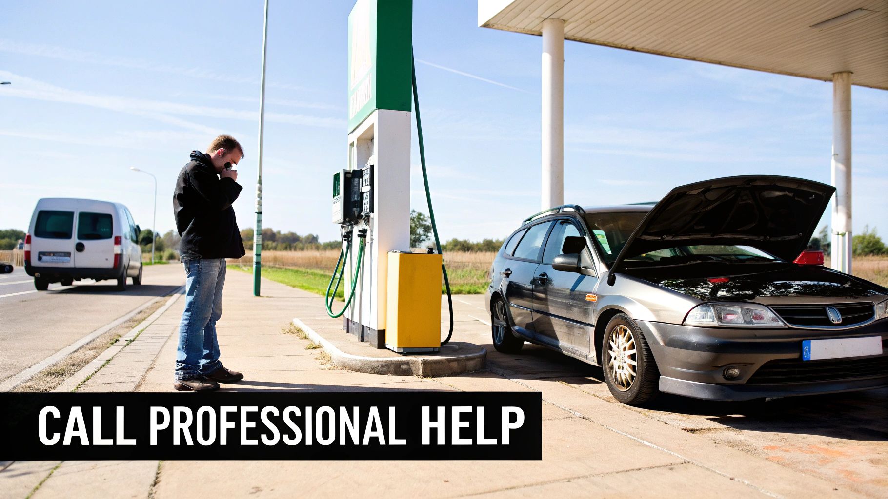 A distressed man stands next to a car with an open hood at a gas station.