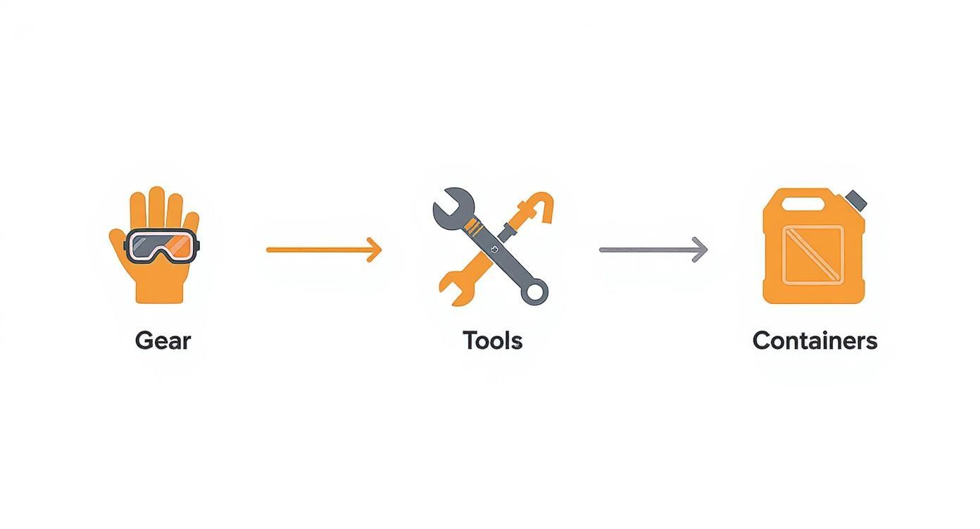 Illustrative flow from &#39;Gear&#39; to &#39;Tools&#39; to &#39;Containers&#39; with respective icons.