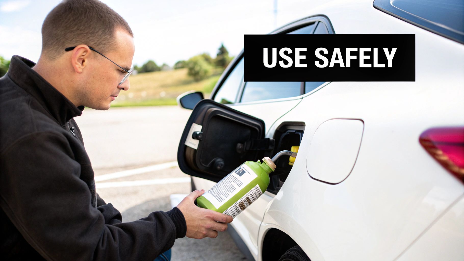 A person pouring a fuel additive into their car's fuel tank before refuelling