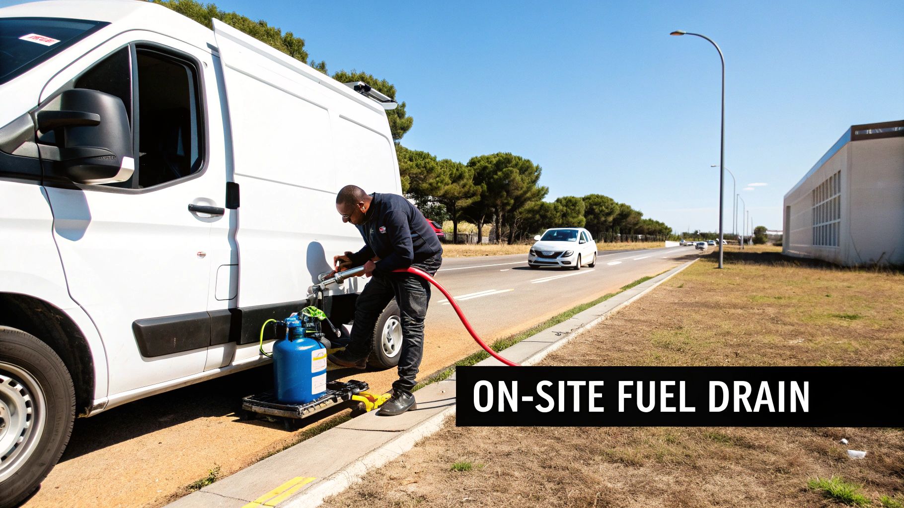 A man performs an on-site fuel drain from a white van into a blue tank by the roadside.